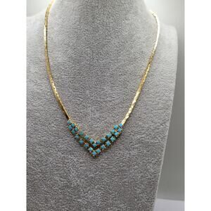 Gold V Necklace Turquoise Glass Cabochon Vintage Style Statement Jewelry